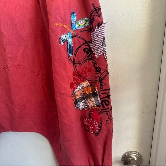 RARE Desigual Vibrant Coral Red Embroidered Appliquéd Cotton Boho Harem Pants - Picture 2 of 13